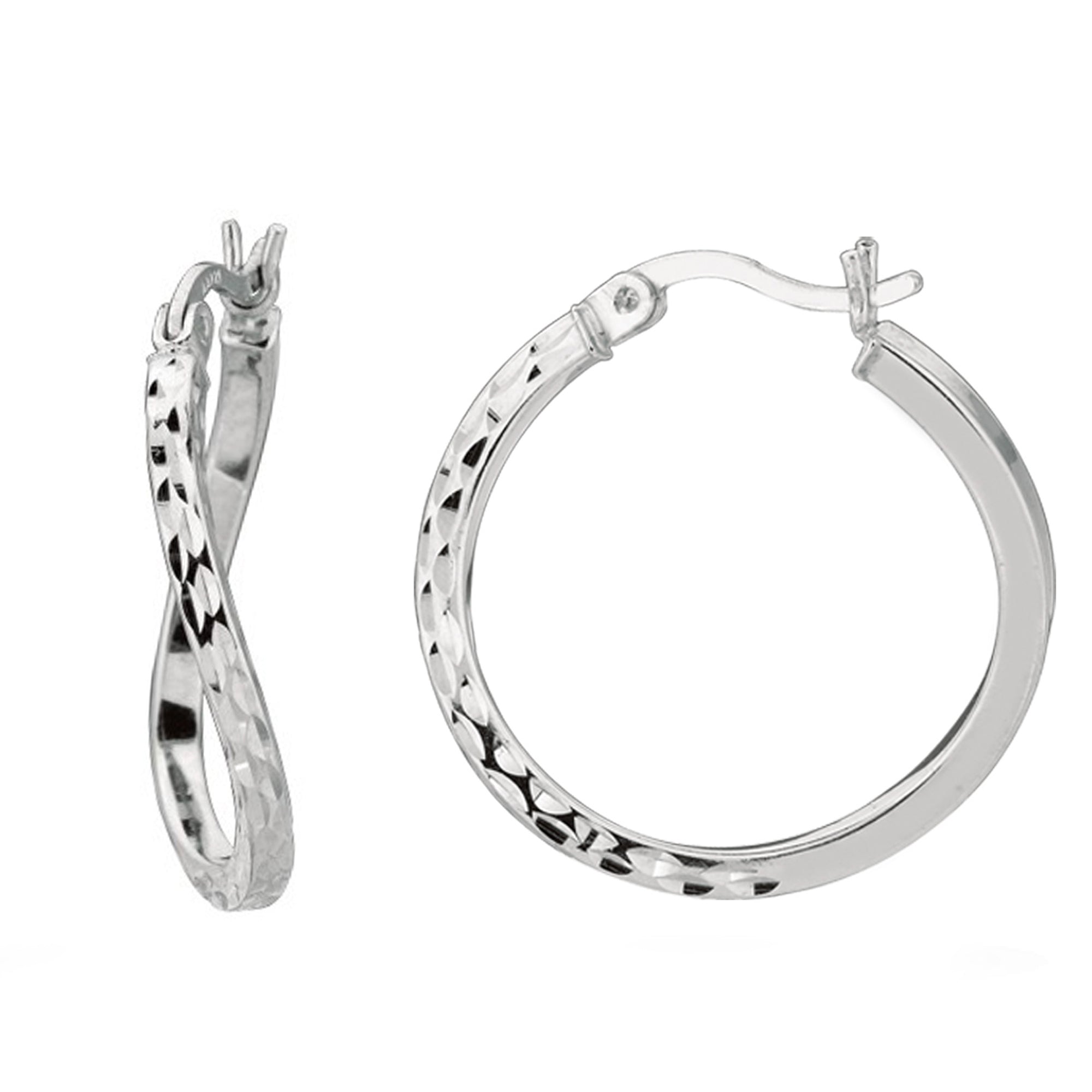 Sterling Silver Rhodium Finish Glänsande diamantslipad Finish Vågformig Runda Hoop Örhängen fina designersmycken för män och kvinnor