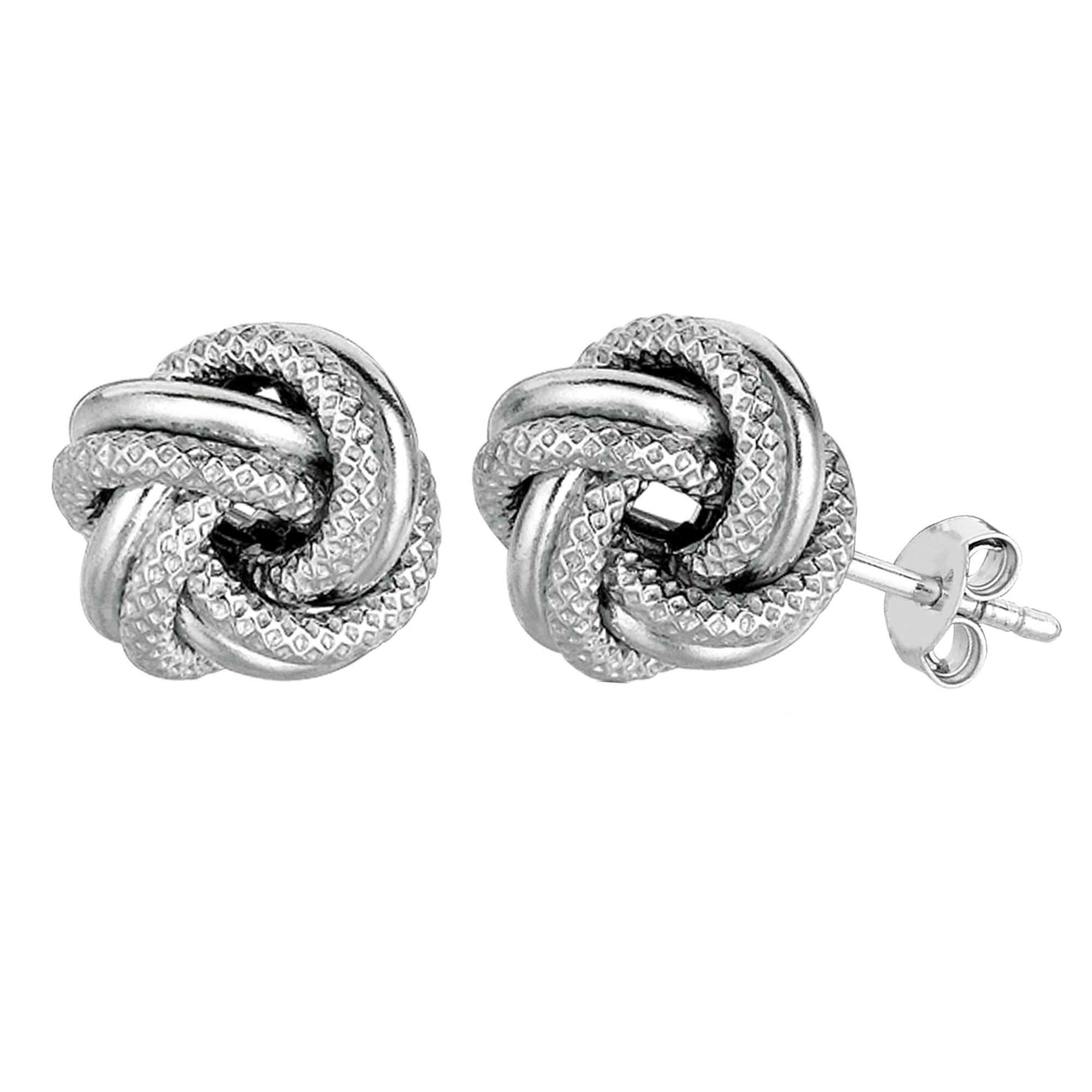 Orecchini a bottone con nodo d'amore lucido e strutturato in argento sterling con finitura rodiata da 7 mm, raffinati gioielli di design per uomo e donna