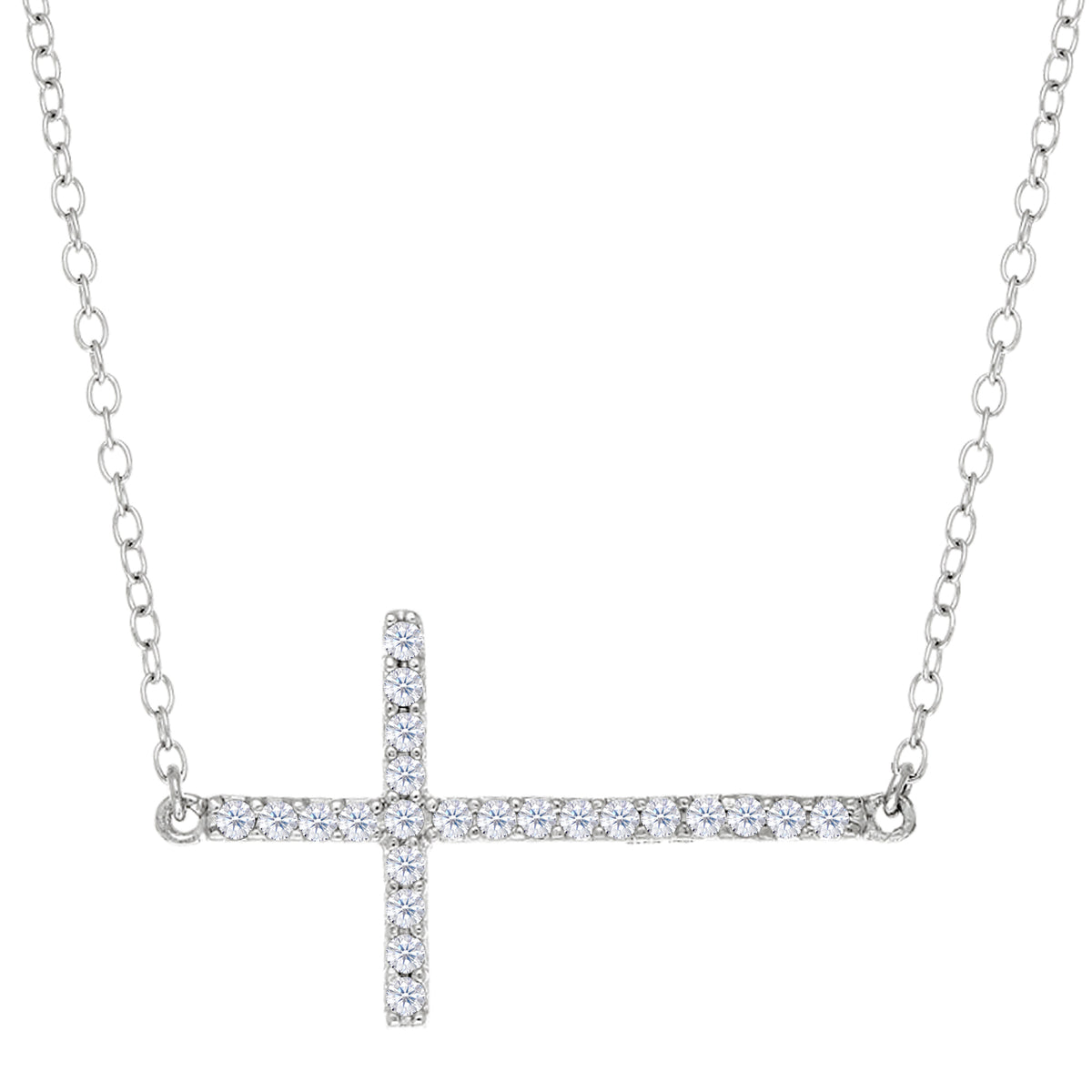 Sideways Cross And CZ Halsband i Sterling Silver, 18" fina designersmycken för män och kvinnor