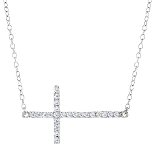 Sideways Cross And CZ Necklace In Sterling Silver, 18"
