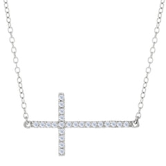 Sideways Cross And CZ Necklace In Sterling Silver, 18"