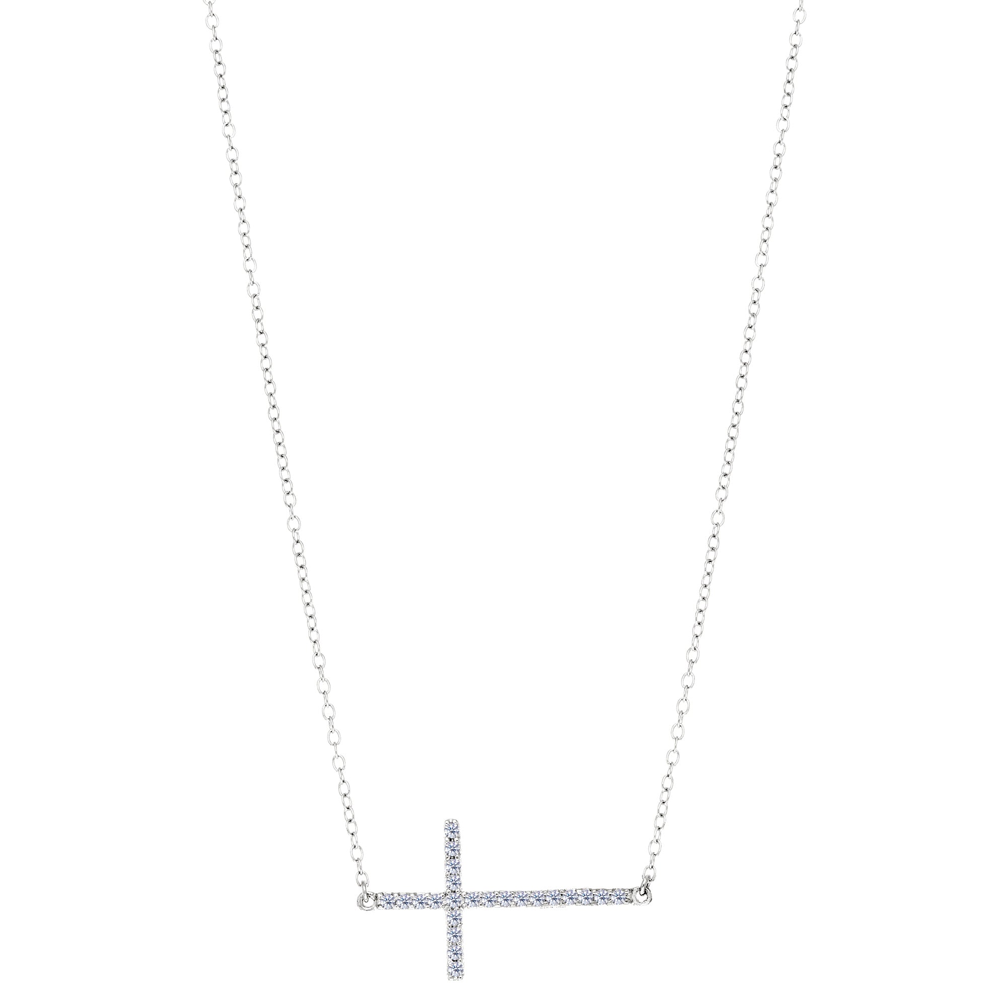 Sideways Cross And CZ Necklace In Sterling Silver, 18" fine designer jewelry for men and women