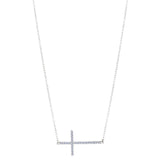 Sideways Cross And CZ Necklace In Sterling Silver, 18"