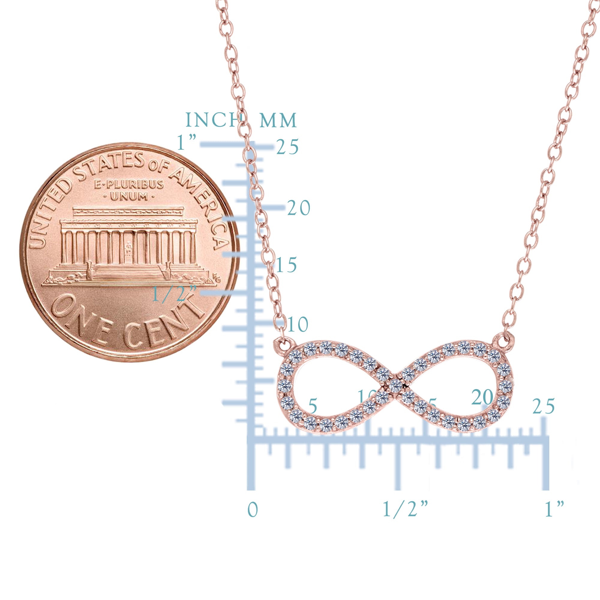 Infinity Sign Link And CZ Necklace In Rose Color Finish Sterling Silver, 18"
