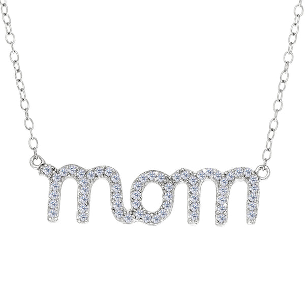 Mom Logo And CZ Necklace In Sterling Silver, 18"