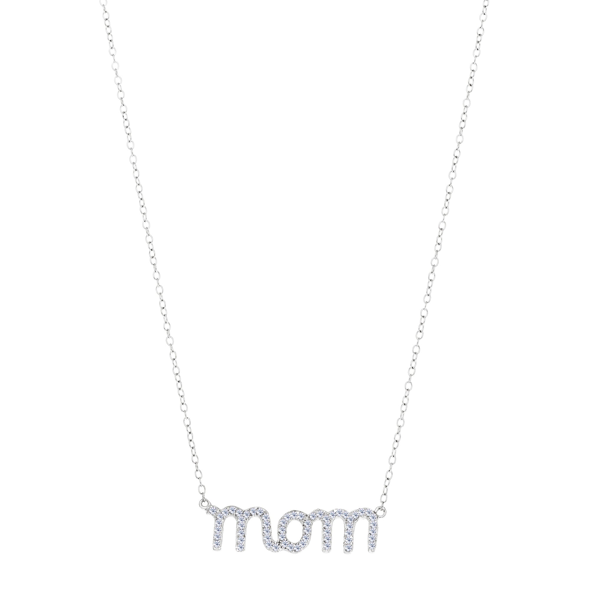 Mom Logo And CZ Necklace In Sterling Silver, 18"