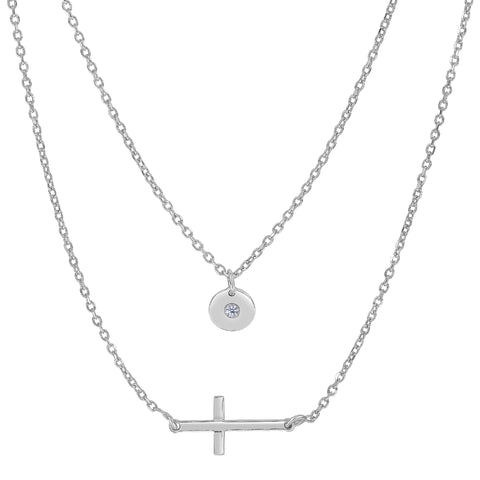 Sterling Silver Sideways Cross And CZ Charm Fashion Necklace, 18"