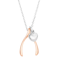 Sterling Silver Rose Finish Wishbone Puffy Heart Necklace, 18"