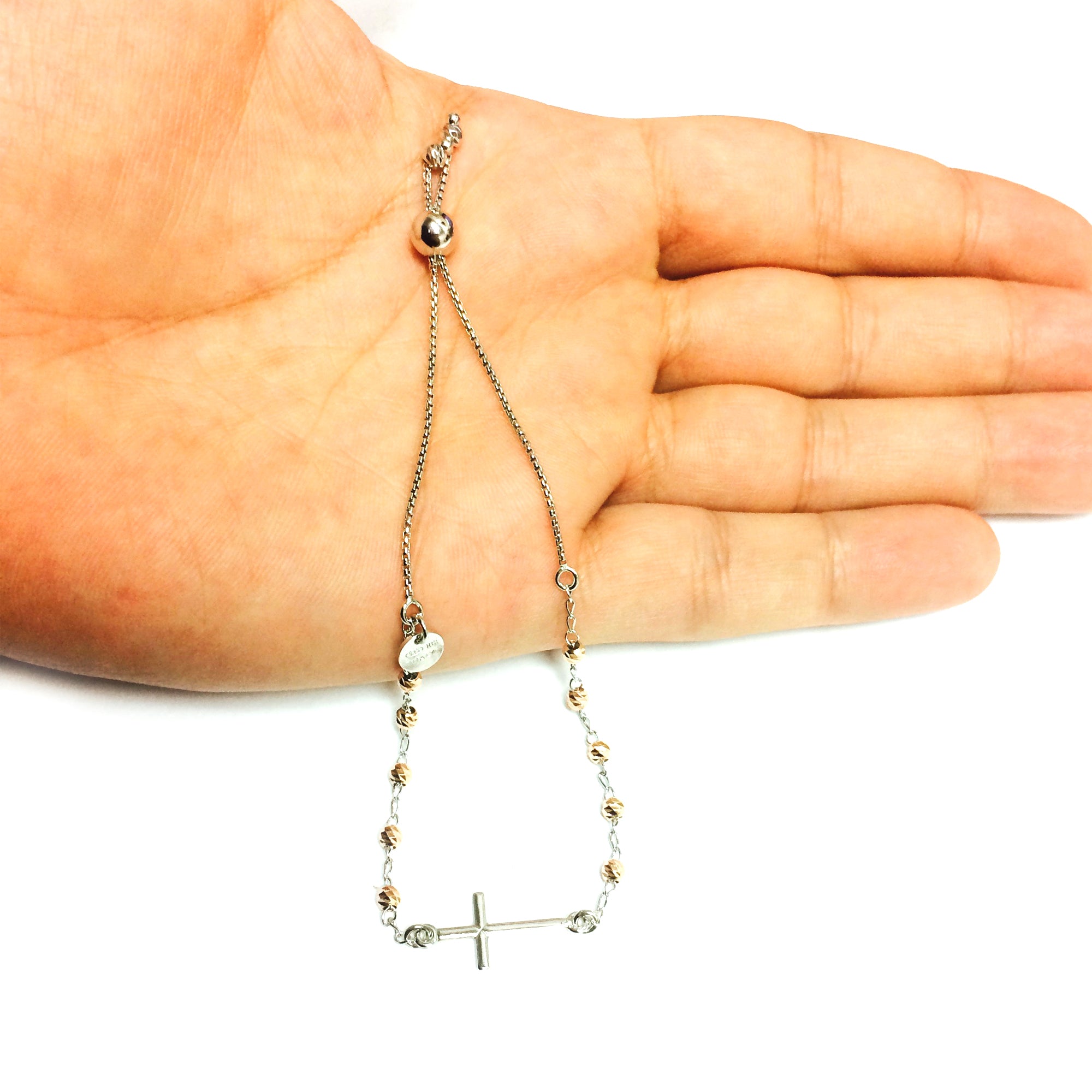 Sterling Silver Rose Beads With Sideways Cross Adjustable Bolo Friendship Bracelet , 9.25"