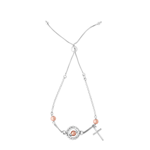Sterling Silver Triple Stand Diamond Cut Beads Adjustable Bolo Friendship Bracelet , 9.25"