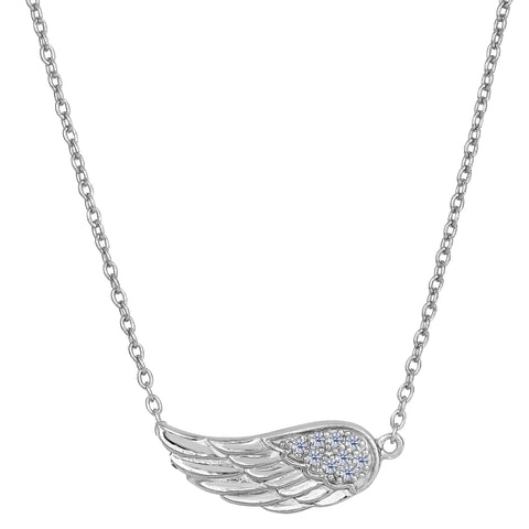 Sterling Silver Sideways Angel Wing Pendant CZ Fashion Necklace, 18"