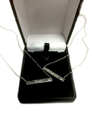Sterling Silver Sideways Engravable Bar Pendant CZ Necklace, 18"
