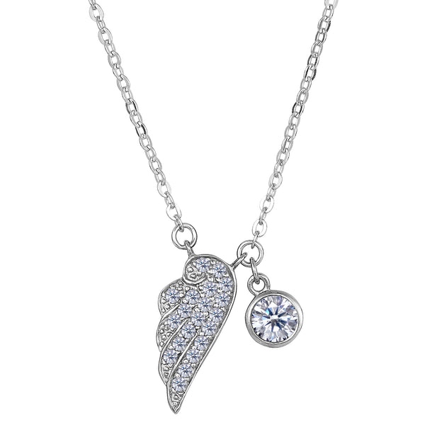 Sterling Silver CZ Angel Wing Charm Pendant Necklace, 18"