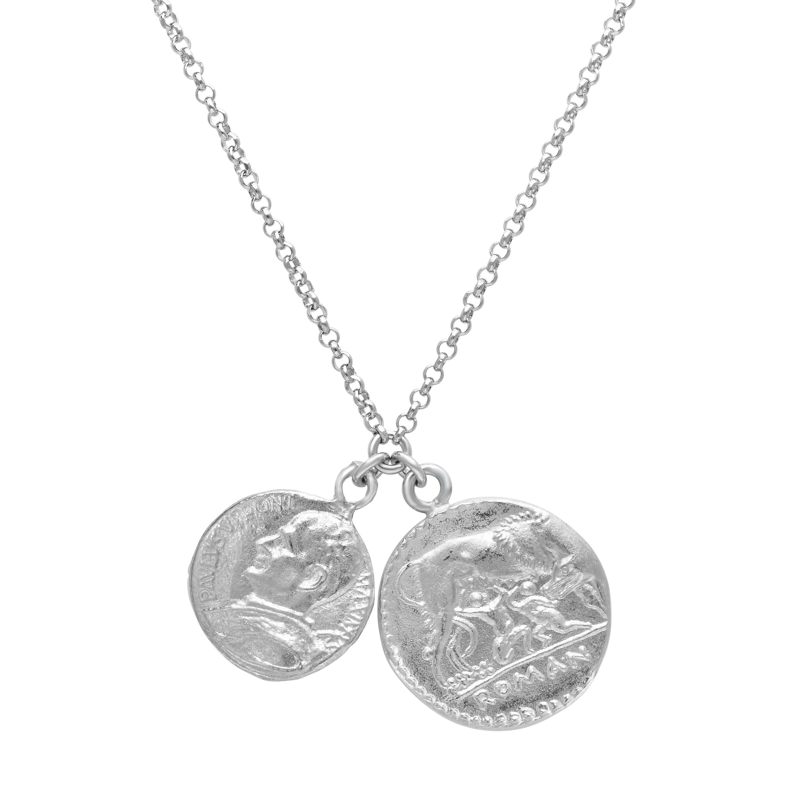 Sterling Silver Multi Roman Coin Charms Necklace, 18" fine designer jewelry for men and women