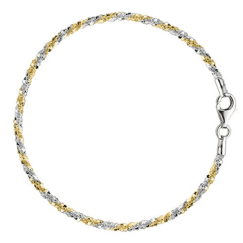 White And Yellow Sparkle Style Chain Anklet In Sterling Silver