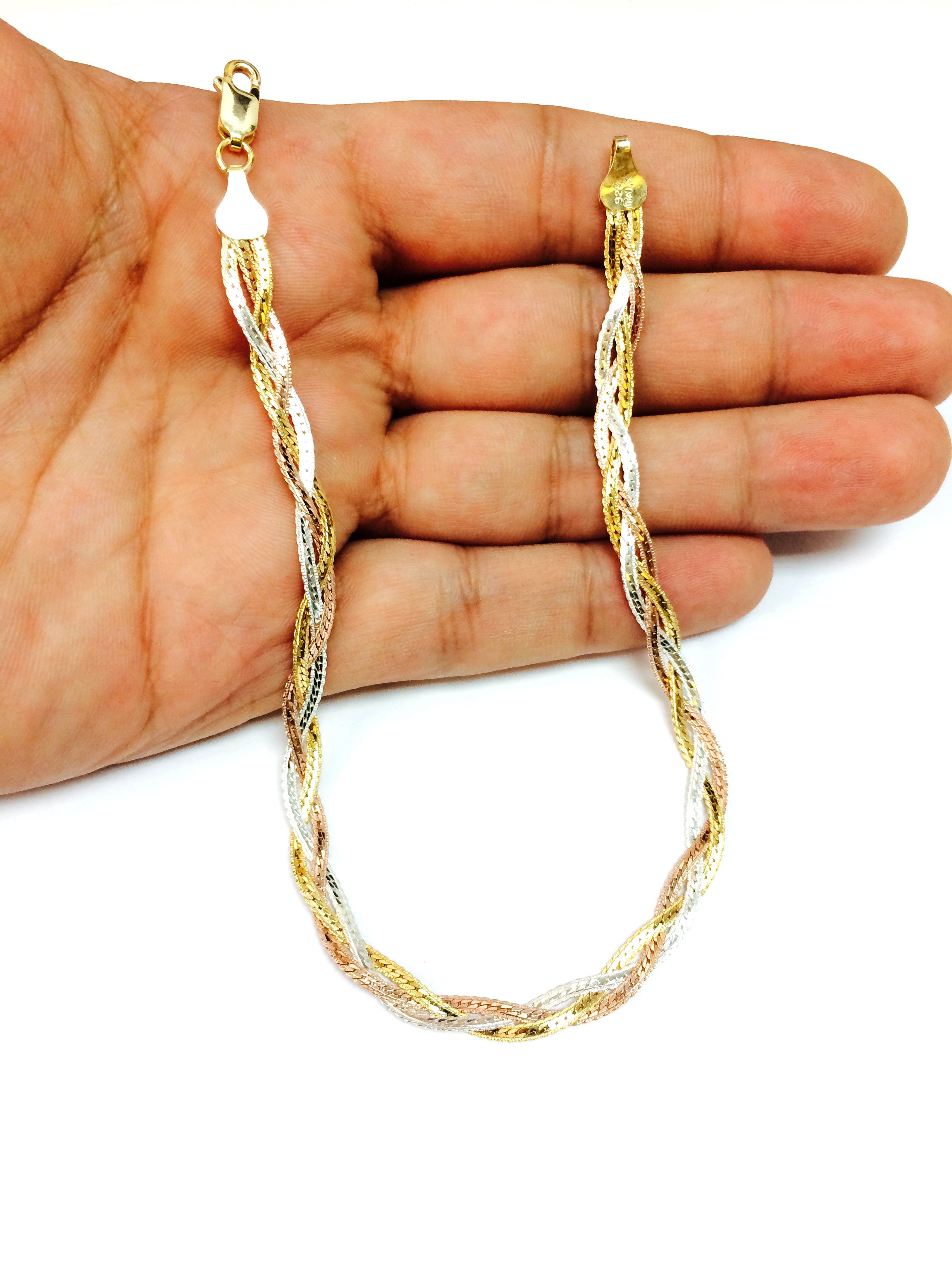 Tricolor Braided Snake Chain Anklet In Sterling Silver, 10"