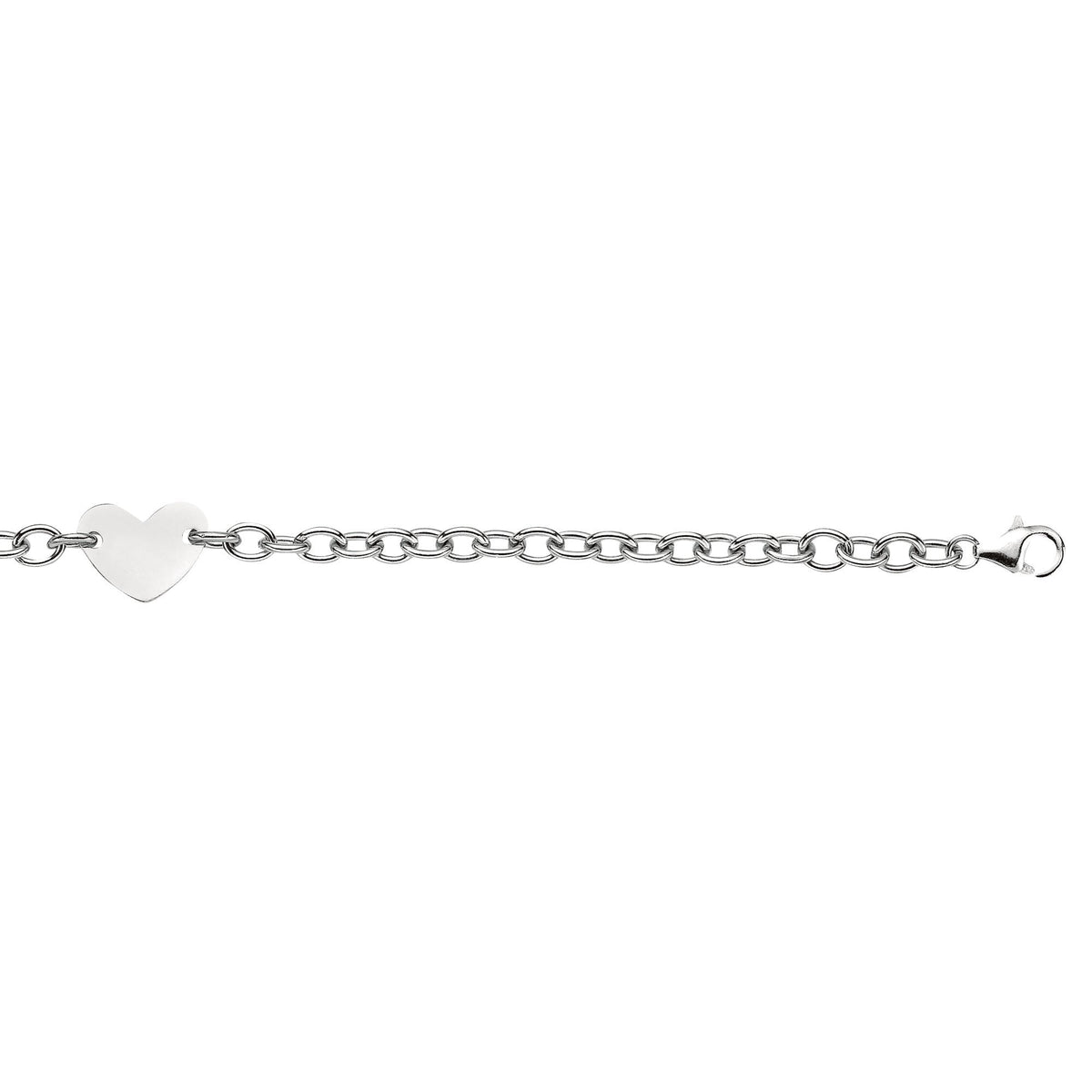 Sterling Silver Oval Link Chain And Heart Charm Women's Bracelet, 7.25"