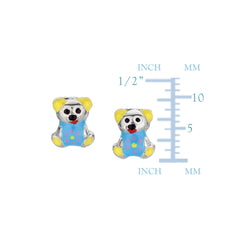 Blue Theme Enamel Kids Teddy Bear Stud Earrings In Sterling Silver