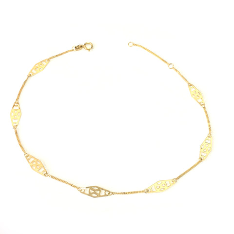 14K Yellow Gold Twisted Bar Fancy Anklet, 10"