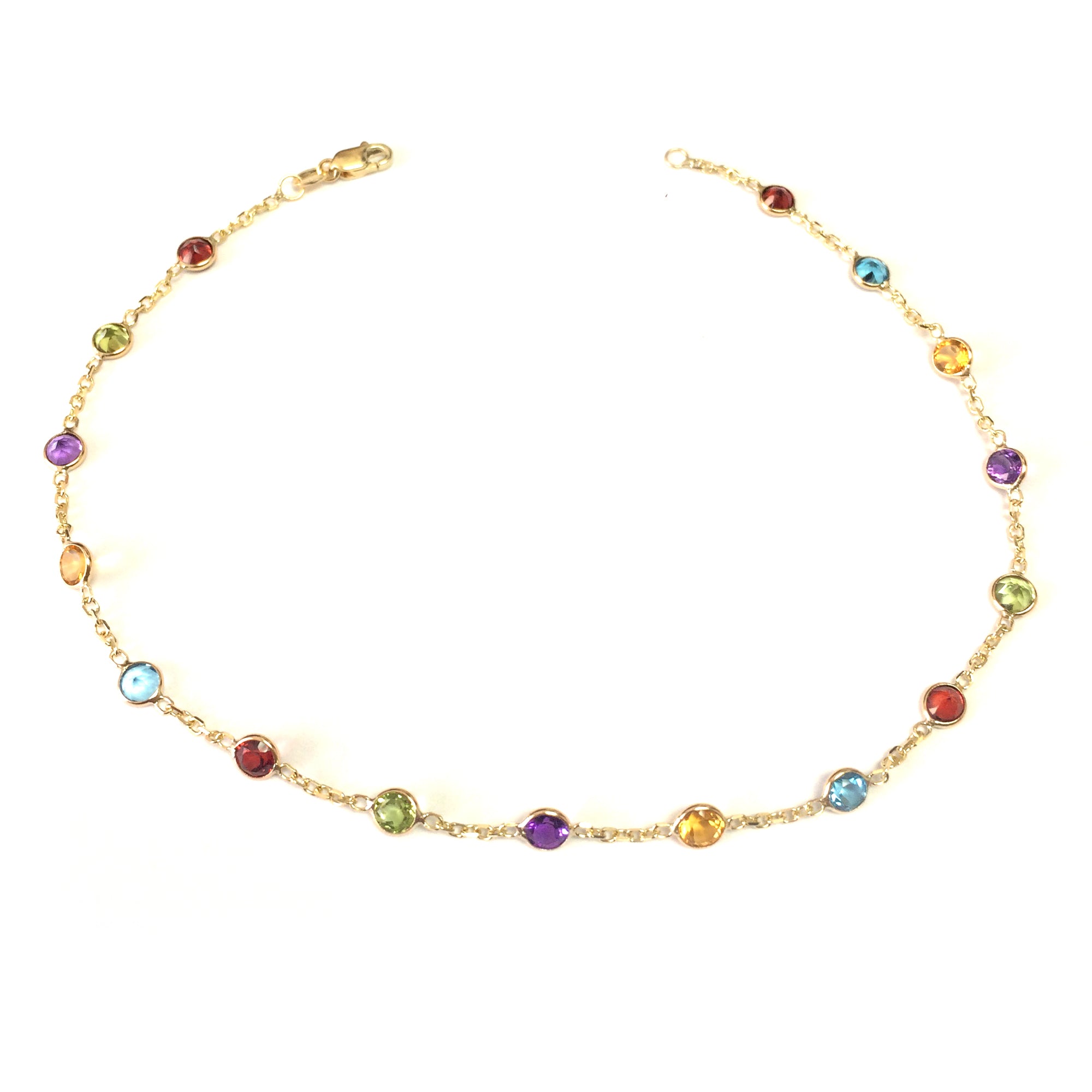 14k Yellow Gold Cable Chain Link Anklet And Alternate Round Faceted 5 Color Stones, 10-inch