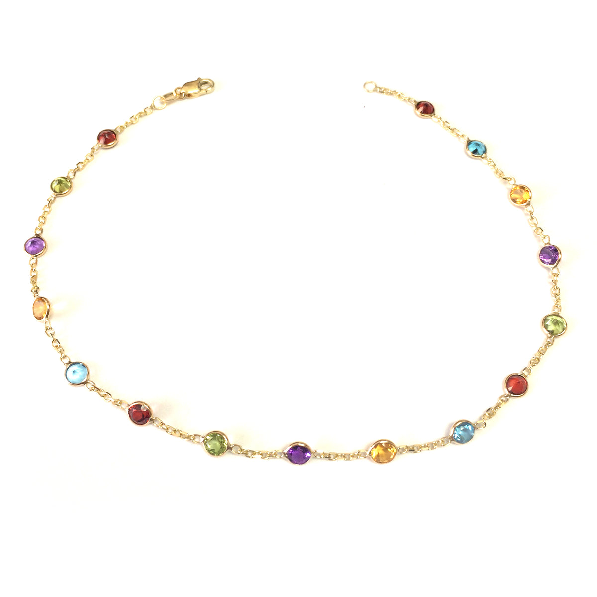 14k Yellow Gold Cable Chain Link Anklet And Alternate Round Faceted 5 Color Stones, 10"