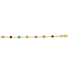 14k Yellow Gold Cable Chain Link Anklet And Alternate Round Faceted 5 Color Stones, 10" fine designer jewelry for men and women