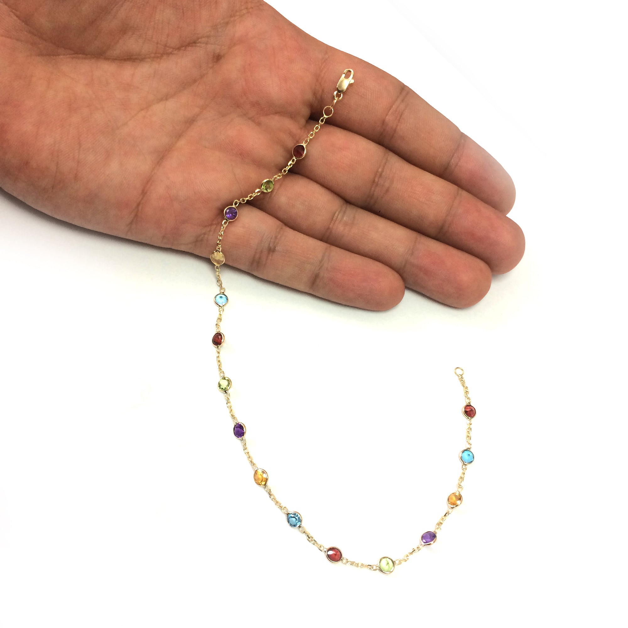 14k Yellow Gold Cable Chain Link Anklet And Alternate Round Faceted 5 Color Stones, 10" fine designer jewelry for men and women
