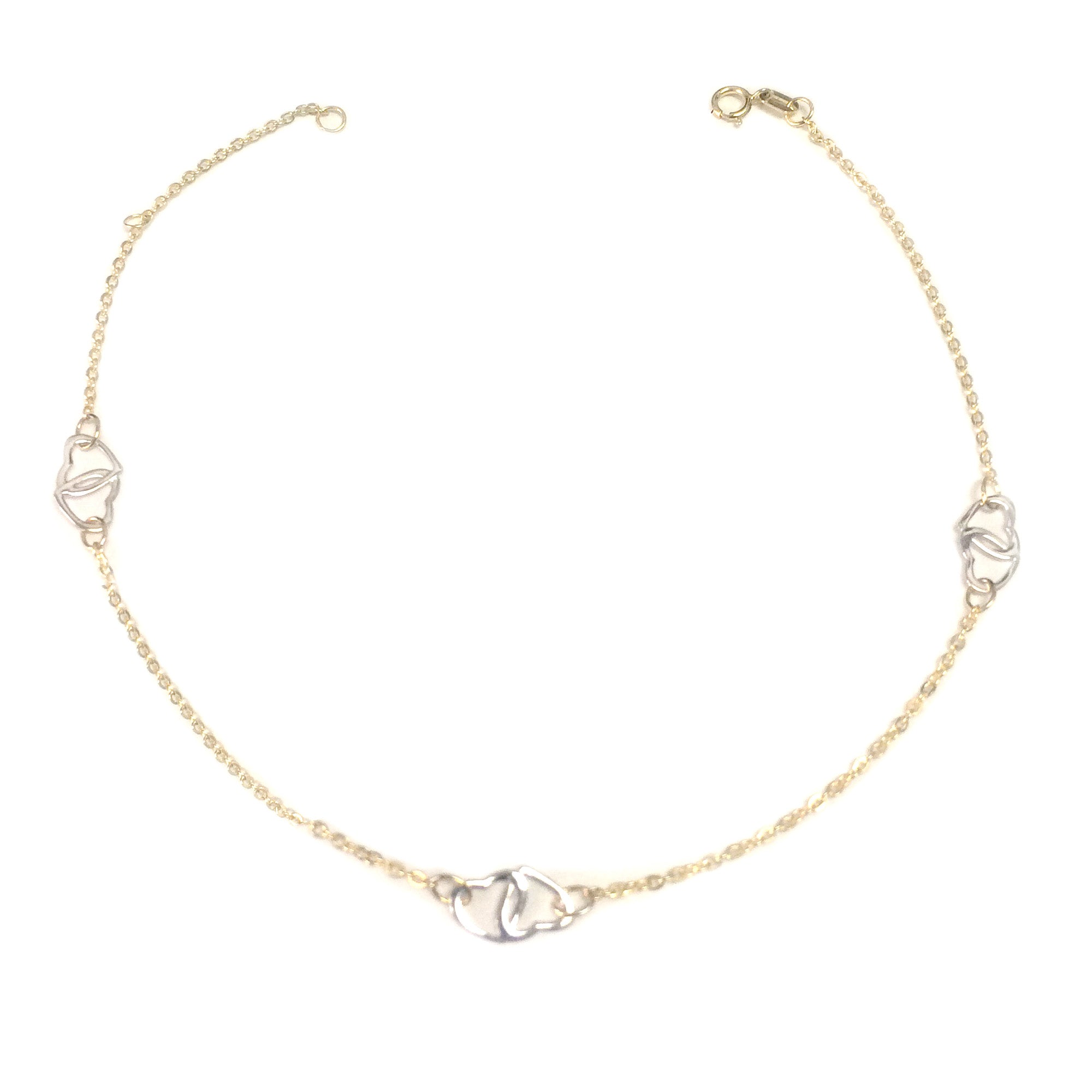 Bracelet de cheville fantaisie à breloques en forme de cœur en or jaune et blanc 14 carats, bijoux de créateurs fins de 10 pouces pour hommes et femmes