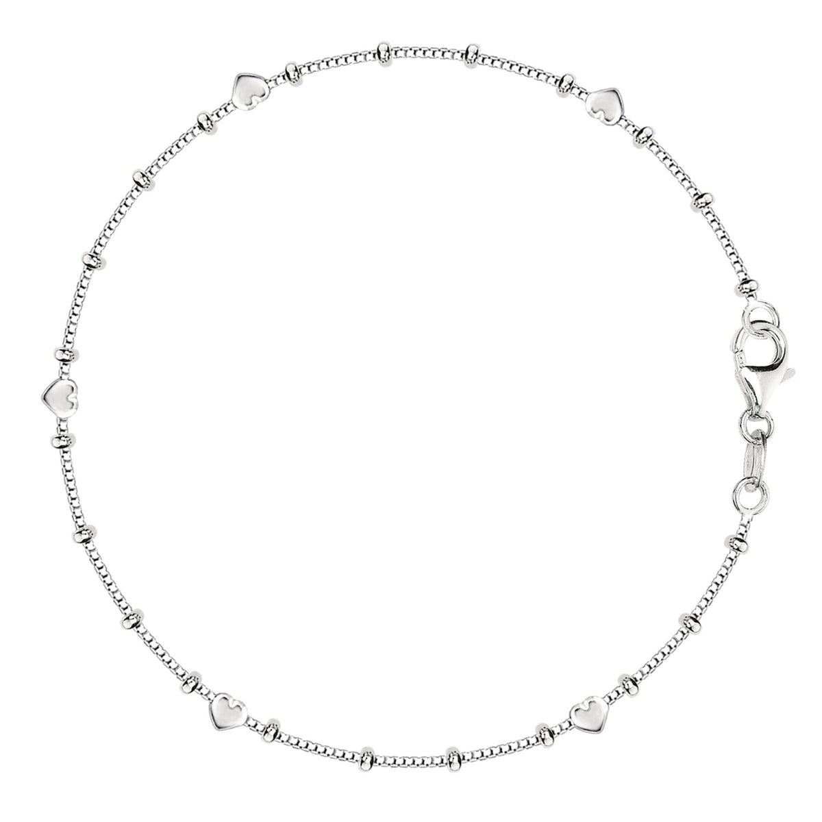 Box Chain With Heart Beads Anklet In Sterling Silver