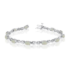 14K White Gold Oval Opal Stones And Diamonds Tennis Bracelet, 7" fine designer jewelry for men and women