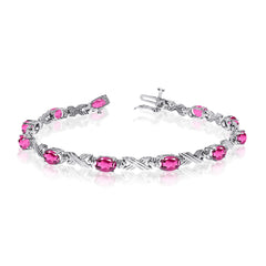 14K White Gold Oval Pink Topaz Stones And Diamonds Tennis Bracelet, 7" fine designer jewelry for men and women