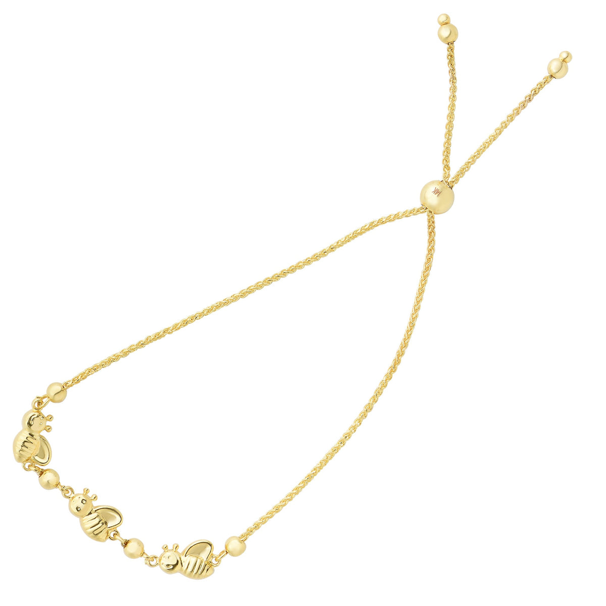 Bumble Bee Charms Theme Bolo Friendship Adjustable Bracelet In 14K Yellow Gold, 9.25" - JewelryAffairs