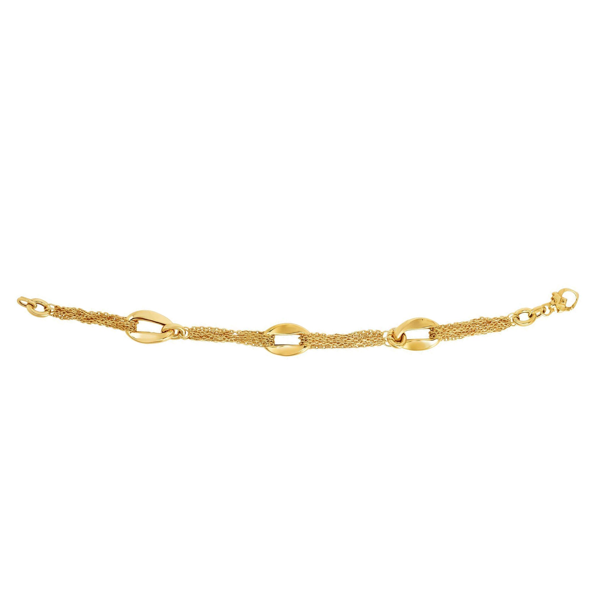 Bracelet en chaîne de câbles multi-brins à trois maillons ovales incurvés en or jaune 14 carats, bijoux de créateurs fins de 7,5 pouces pour hommes et femmes