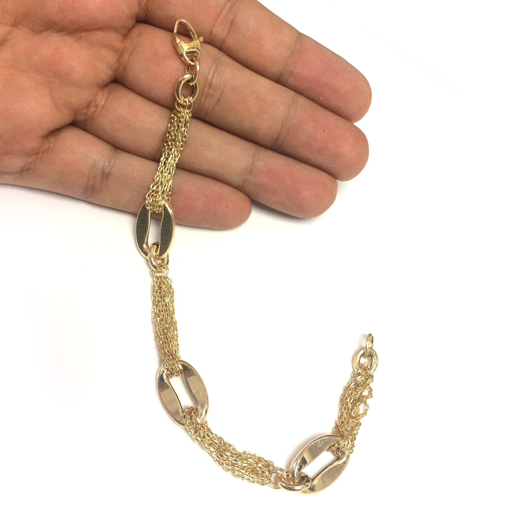 14k Yellow Gold Three Curved Oval Link Multi Stranded Cable Chain Bracelet, 7.5"