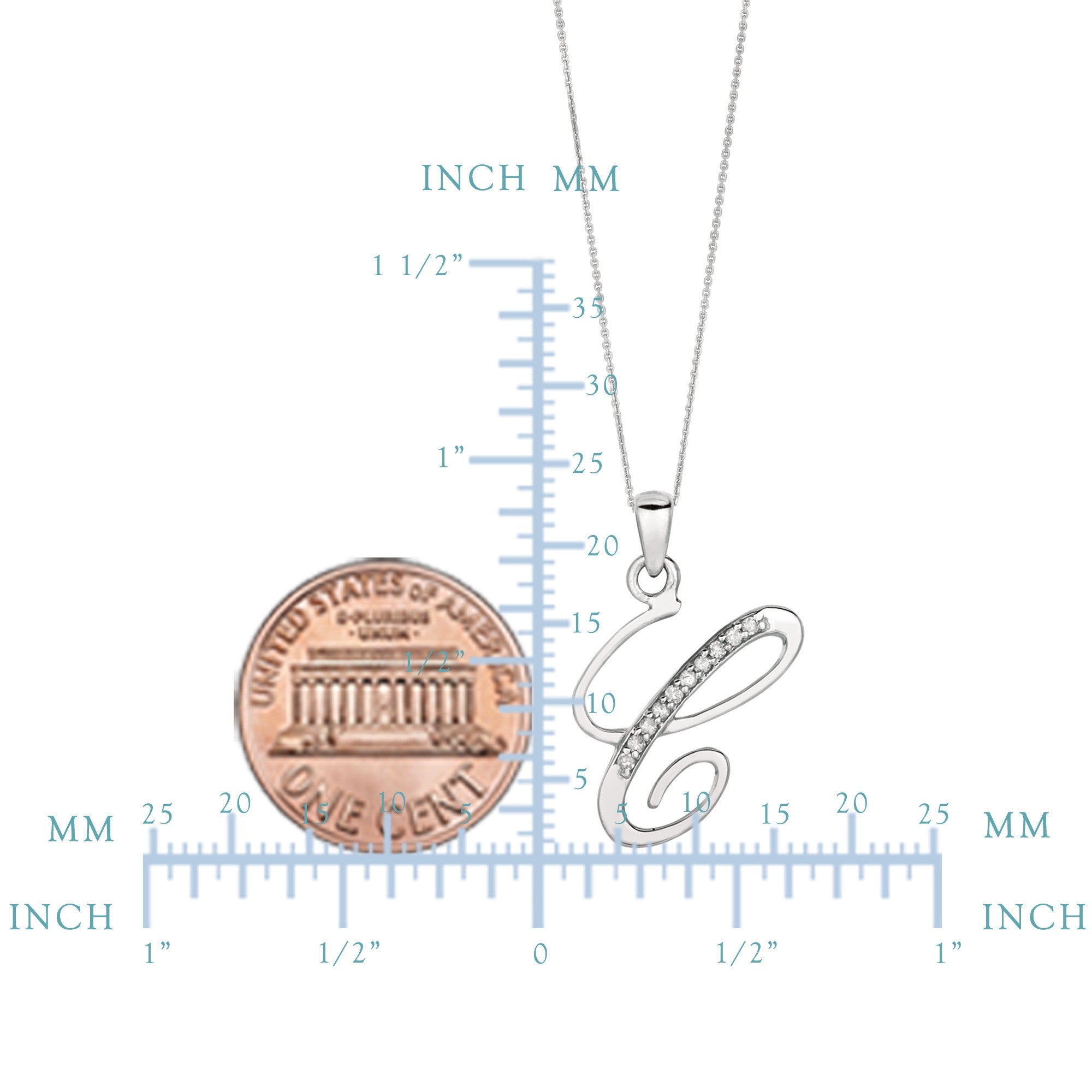 "C" Sterling Silver Rhodium Plated Script Initial Letter With Diamonds On 18 Inch Chain ( 0.05 Tcw)