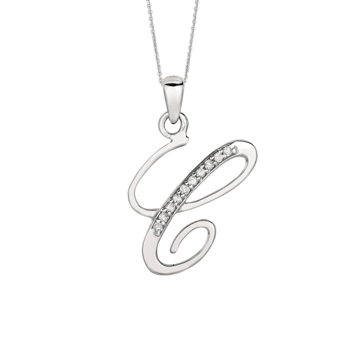 "C" Sterling Silver Rhodium Plated Script Initial Letter With Diamonds On 18 Inch Chain ( 0.05 Tcw)
