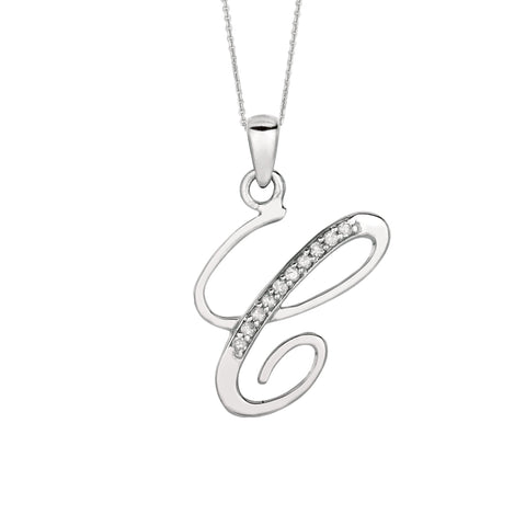 "C" Sterling Silver Rhodium Plated Script Initial Letter With Diamonds On 18 Inch Chain ( 0.05 Tcw)