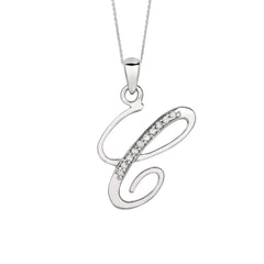 "C" Sterling Silver Rhodium Plated Script Initial Letter With Diamonds On 18 Inch Chain ( 0.05 Tcw)
