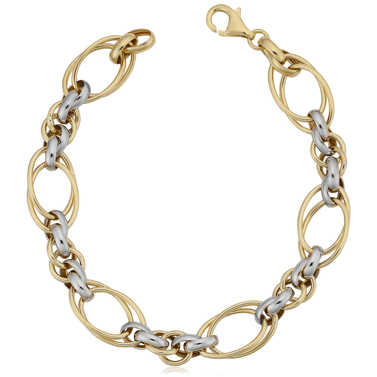 Bracelet pour femme à double maillon ovale en or bicolore 14 carats, bijoux de créateurs fins de 7,5 po pour hommes et femmes