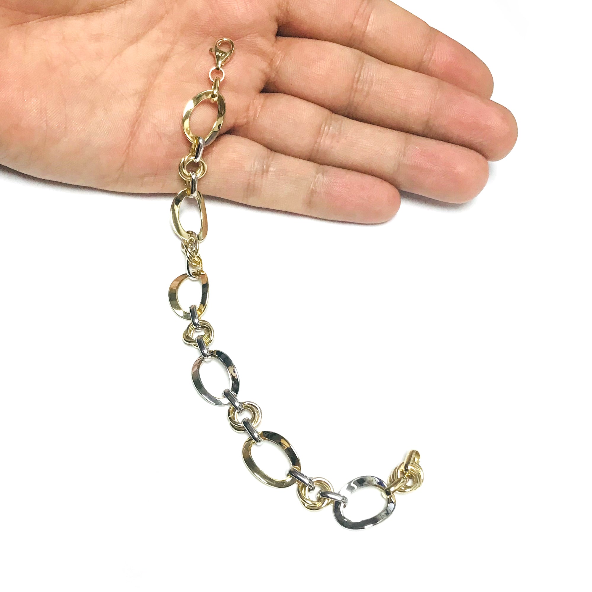 Bracciale da donna a maglie ovali in oro bianco e giallo 14k, gioielli di alta moda da 7,5" per uomini e donne