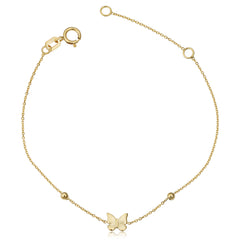 Bracciale regolabile per bambini in oro giallo 14k con farfalla e perline, gioielleria raffinata da 6,5" per uomini e donne