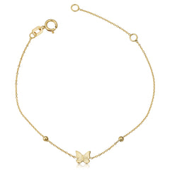 Bracelet bébé réglable papillon et perle en or jaune 14 carats, bijoux de créateurs fins de 6,5 pouces pour hommes et femmes
