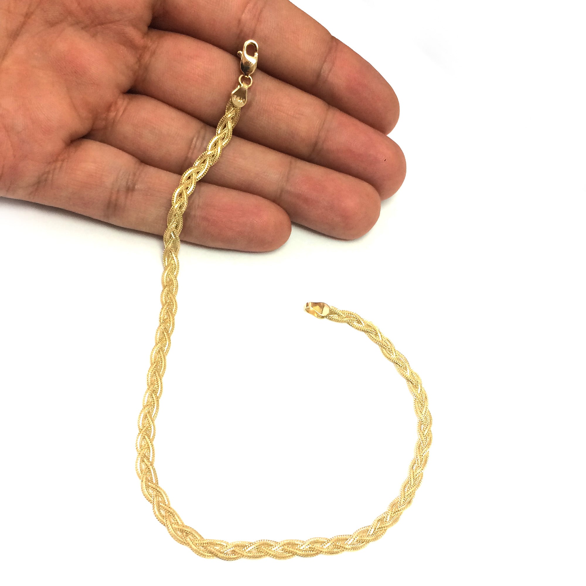 14K Yellow Gold Diamond Cut Braided Fox Chain Anklet, 10"