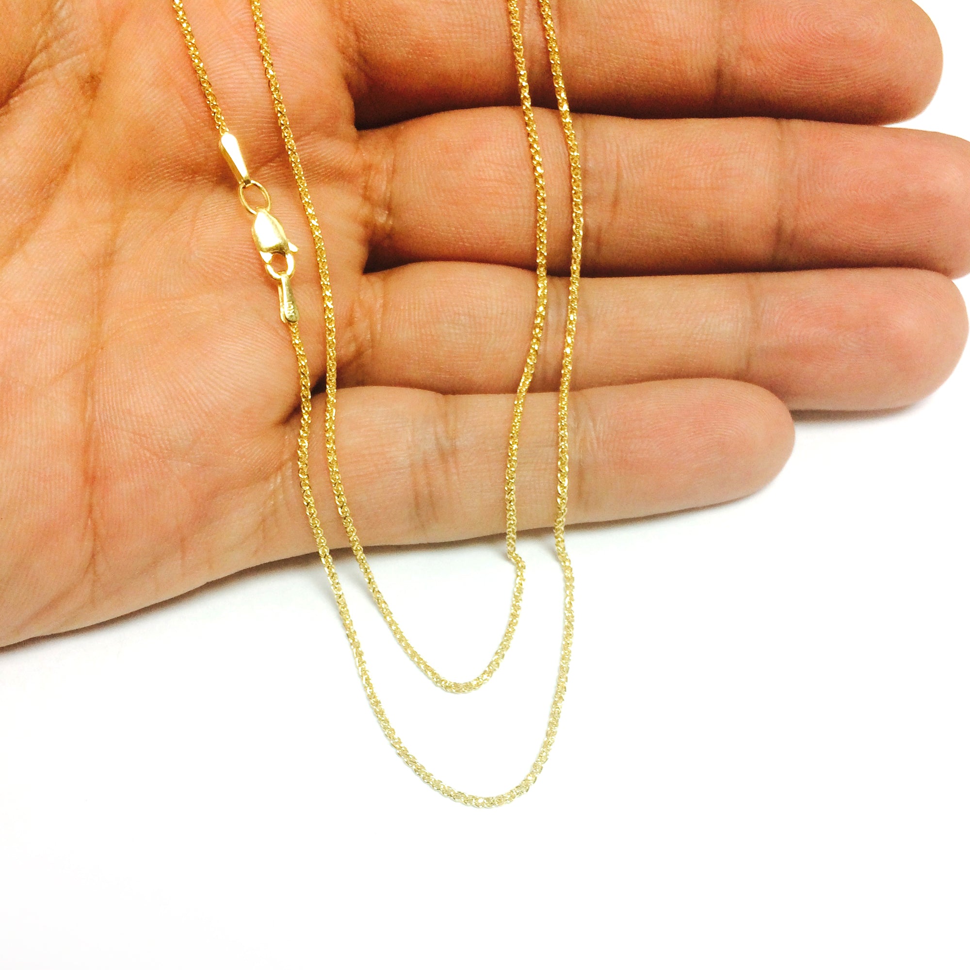 14k Yellow Gold Round Diamond Cut Wheat Chain Necklace, 1.15mm