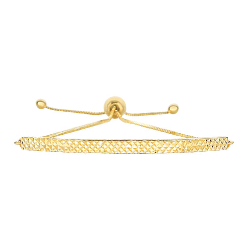 14K Yellow Gold Diamond Cut Curved Bar Element Anchored on Box Chain Adjustable Bracelet , 9.25"