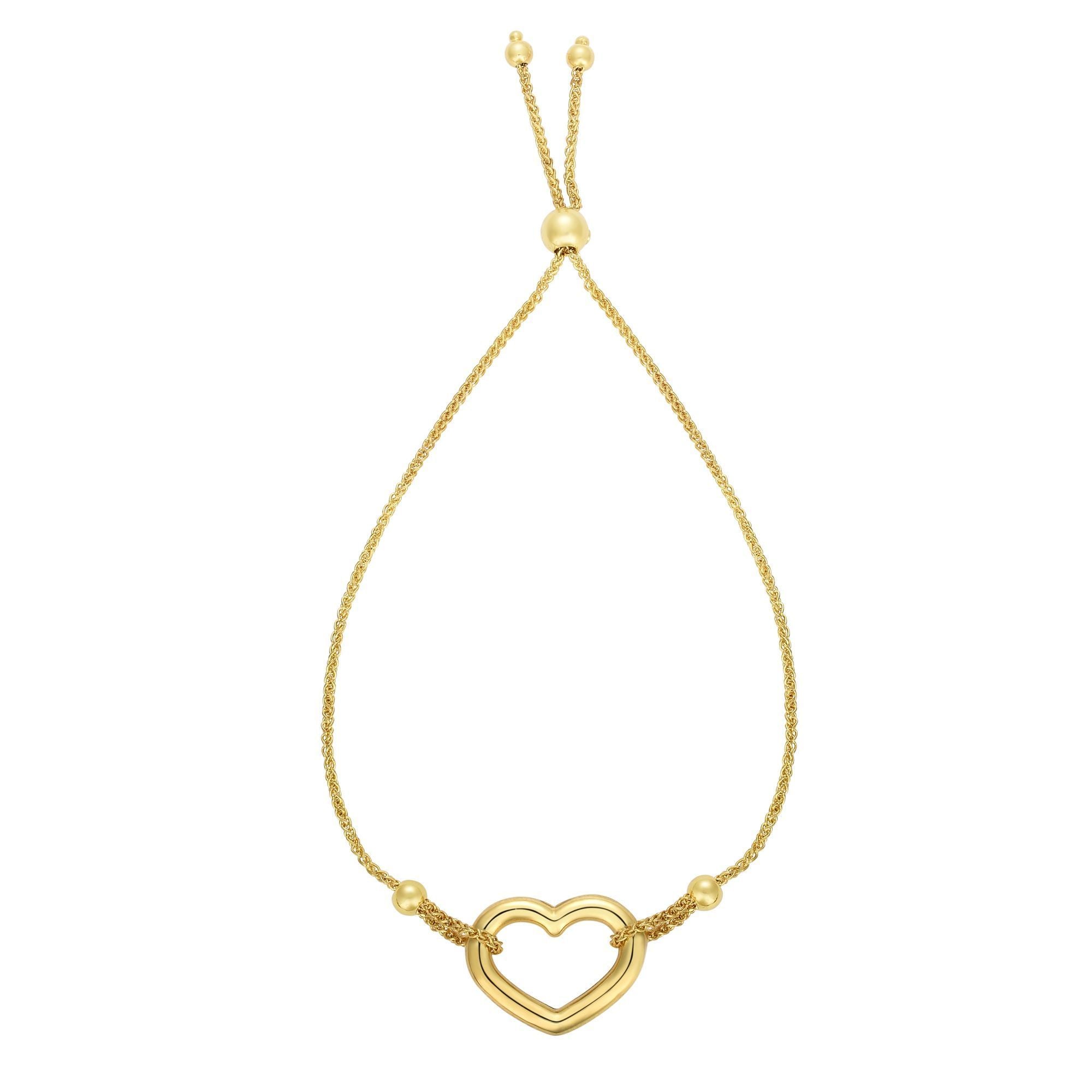 14k Yellow Gold Adjustable Heart Charm Bolo Bracelet, 9.25" fine designer jewelry for men and women