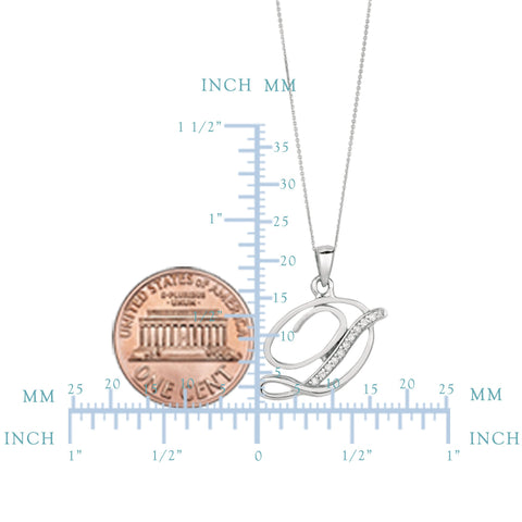"D" Sterling Silver Rhodium Plated Script Initial Letter With Diamonds On 18 Inch Chain ( 0.05 Tcw)