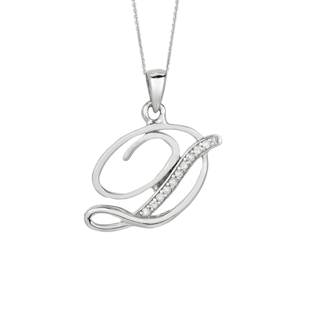"D" Sterling Silver Rhodium Plated Script Initial Letter With Diamonds On 18 Inch Chain ( 0.05 Tcw)