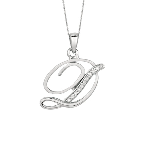 "D" Sterling Silver Rhodium Plated Script Initial Letter With Diamonds On 18 Inch Chain ( 0.05 Tcw)