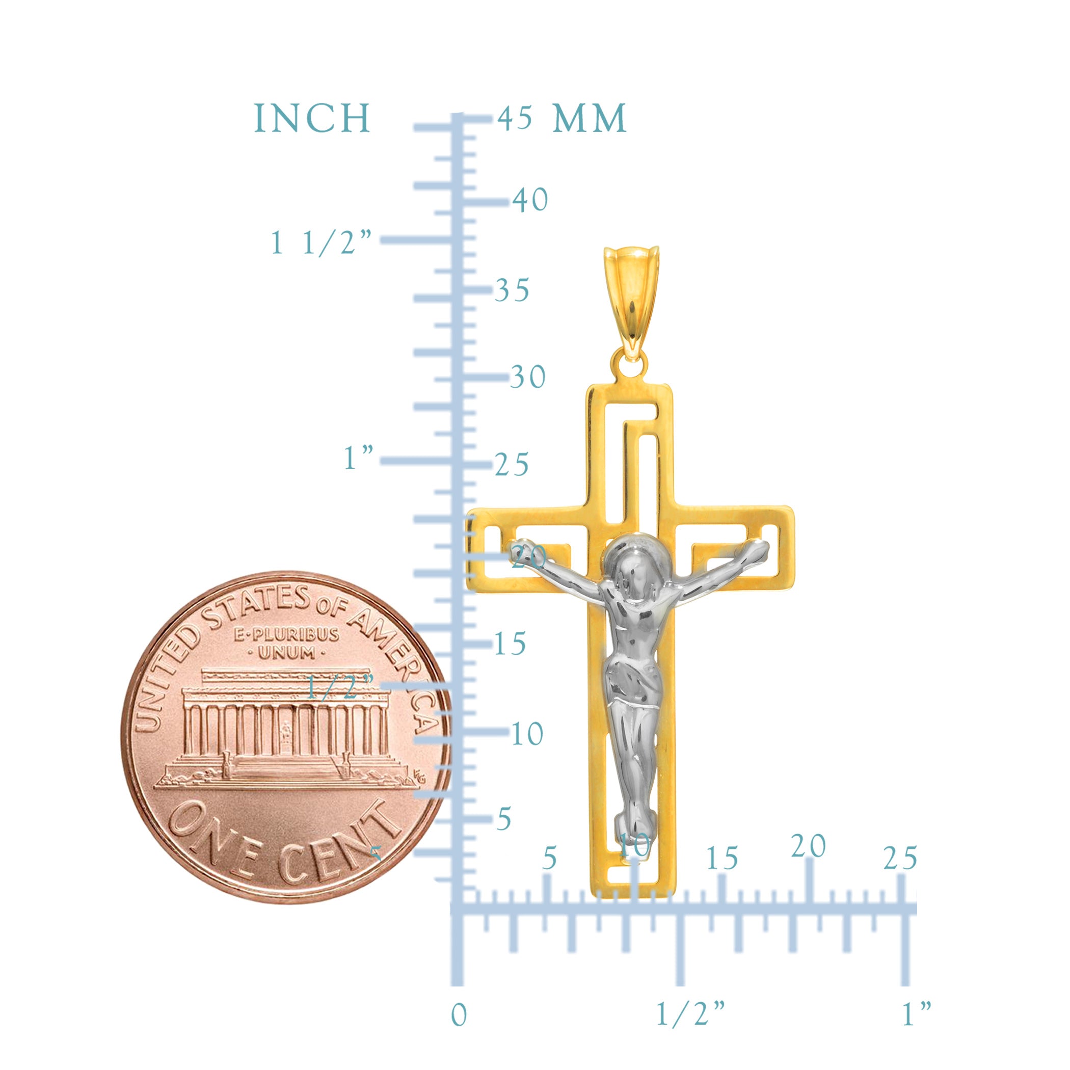 14k 2 Tone Gold Greek Key Style Crucifix Pendant